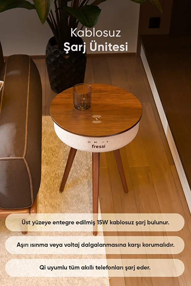 Bluetooth Hoparlör Hızlı Şarj Destekli Ahşap Ayaklı Kablolu Sehpa Speaker